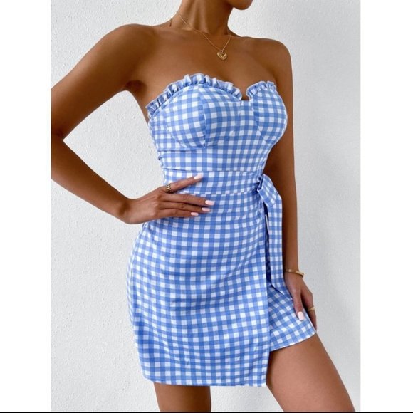 Plaid Gingham Print Frill Trim Knot Side Tube Dress blue - Picture 9 of 9